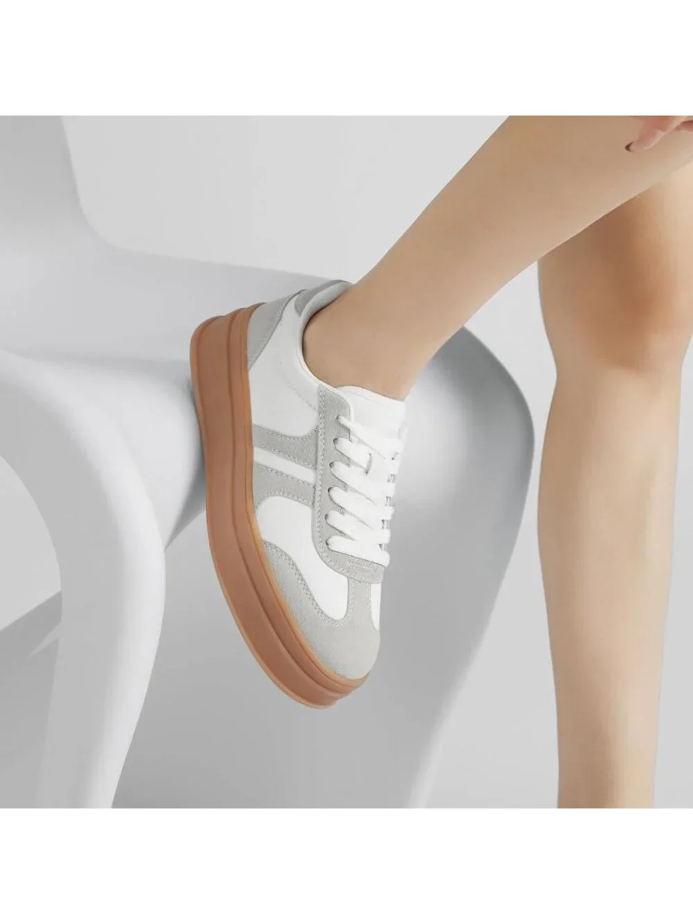 🆕Women's White Grey Gum Sole Fashion Sneakers Thick Platform Sole Rubber Shoes